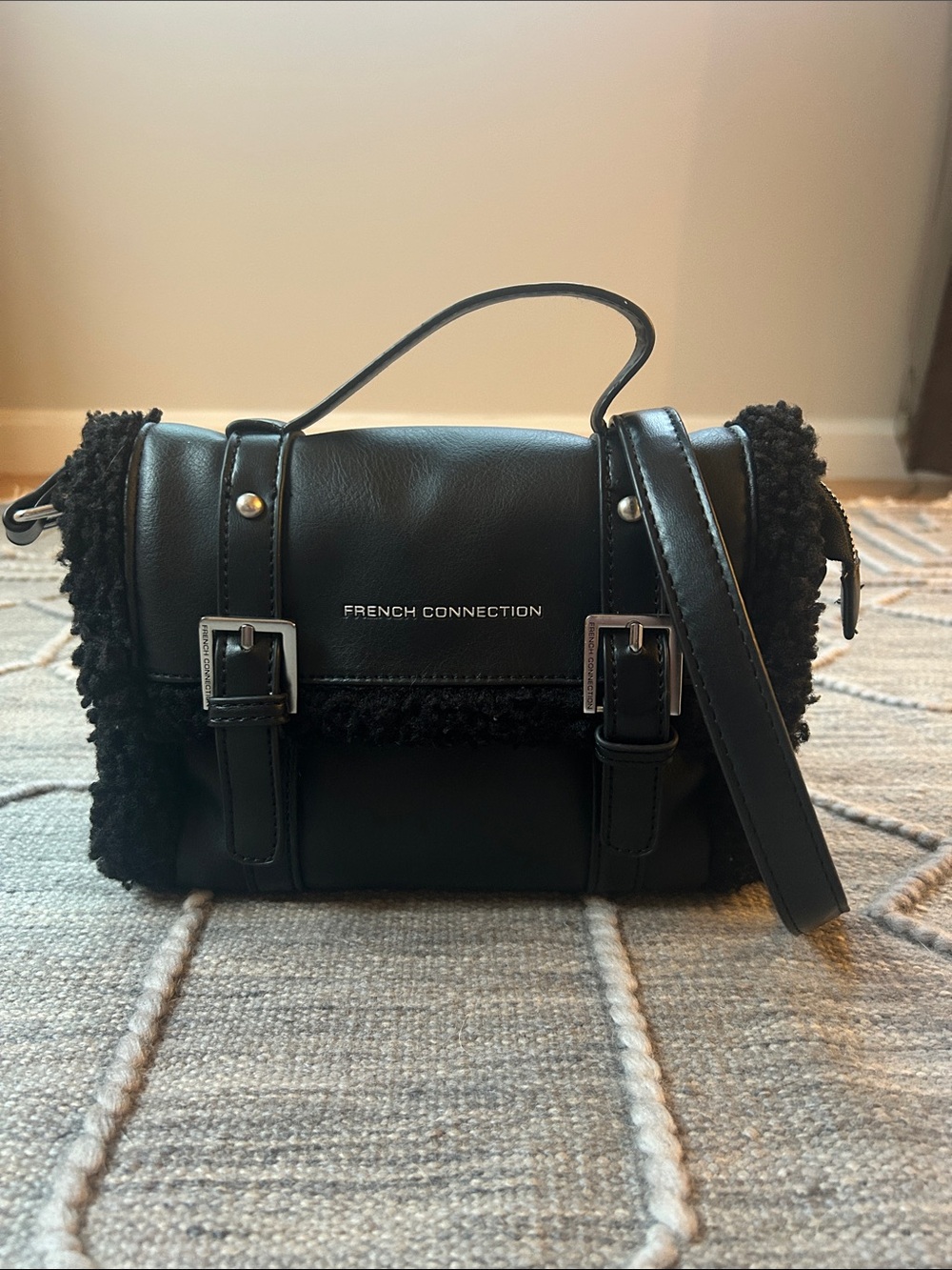 Gently Used French Connection Black Faux Leather w Sherpa Trim+Crossbody Strap